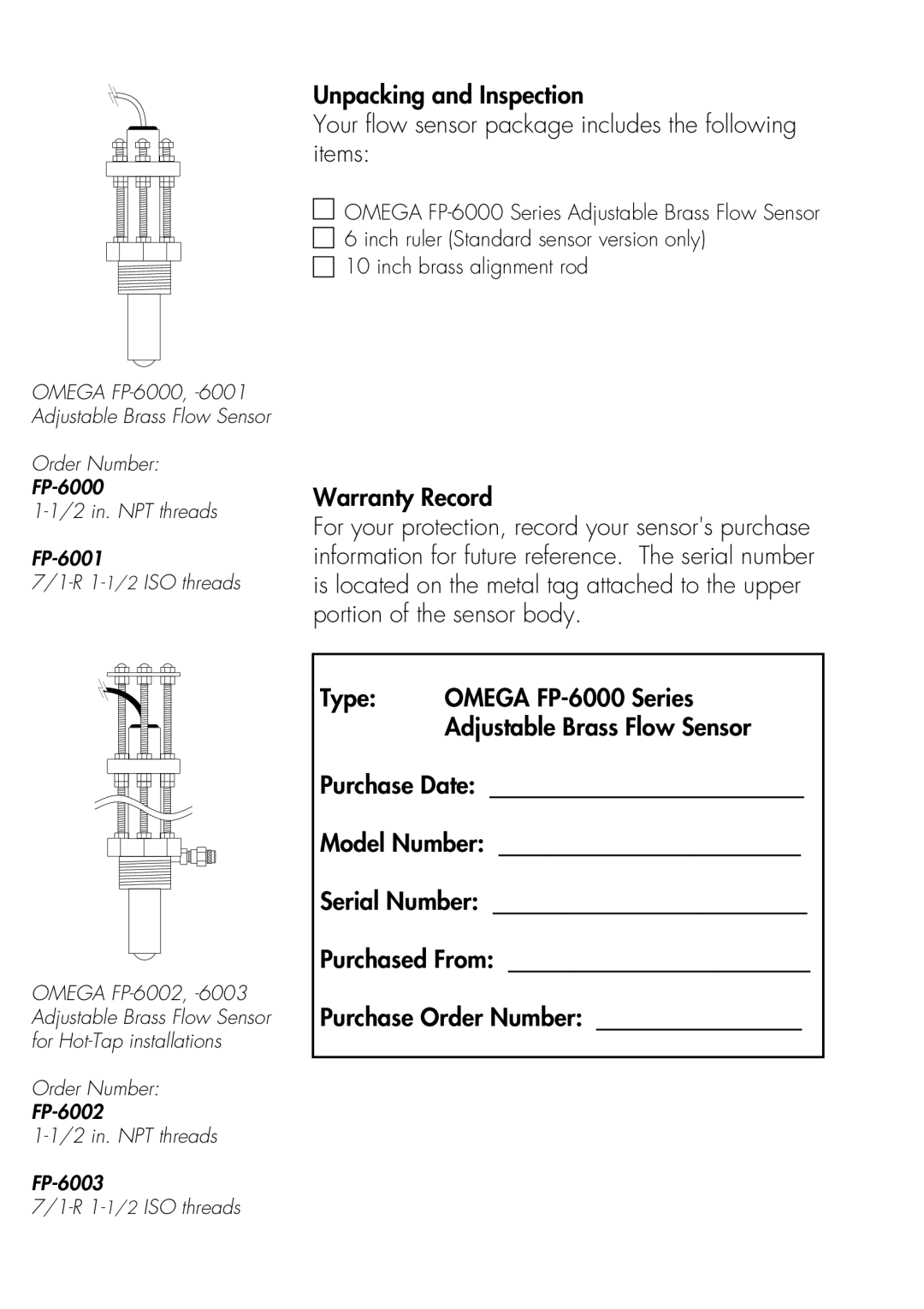 Omega Engineering manual Warranty Record, Type Omega FP-6000 Series 