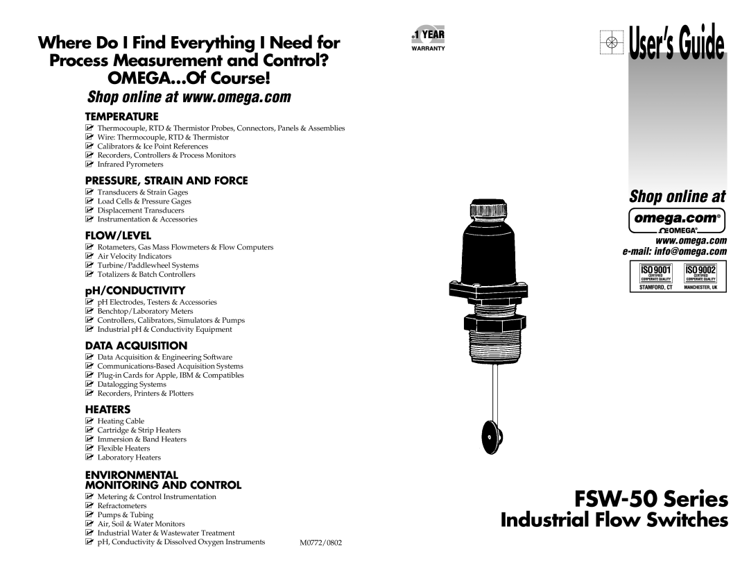 Omega Engineering FSW-50 manual Temperature, PRESSURE, Strain and Force, Flow/Level, Data Acquisition, Heaters 