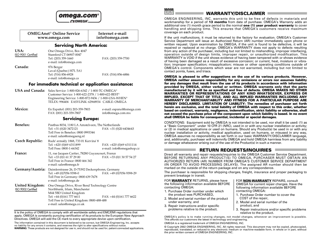 Omega Engineering FSW-50 manual Warranty/Disclaimer, Return REQUESTS/INQUIRIES, Servicing North America, Servicing Europe 
