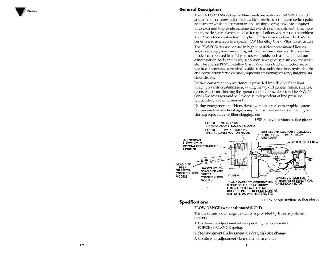 Omega Engineering FSW-50 manual General Description, Specifications, Flow Range water calibrated @ 70˚F 