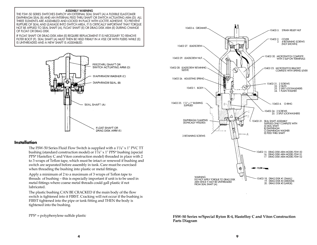 Omega Engineering FSW-50 manual Installation, Assembly Warning 