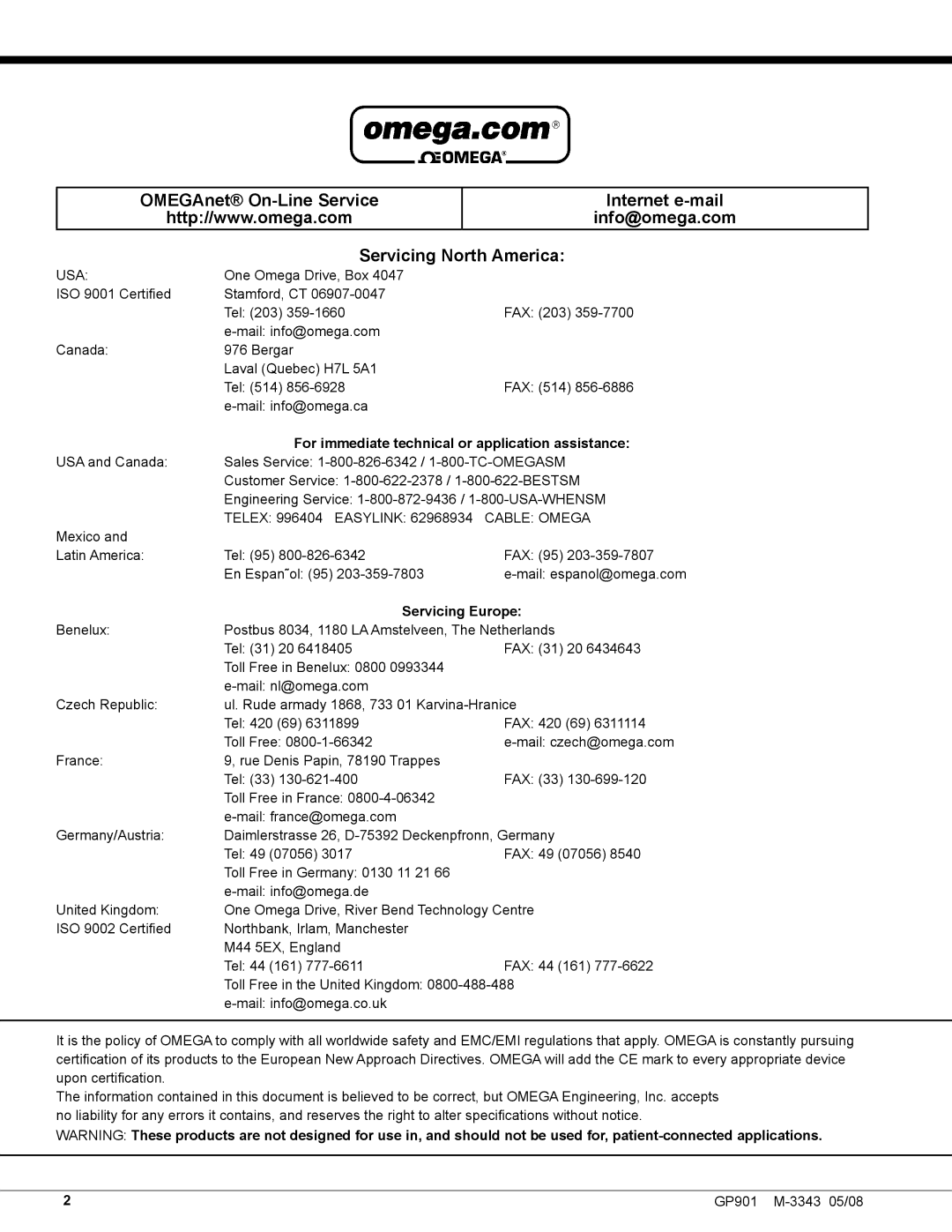 Omega Engineering GP901 manual For immediate technical or application assistance 