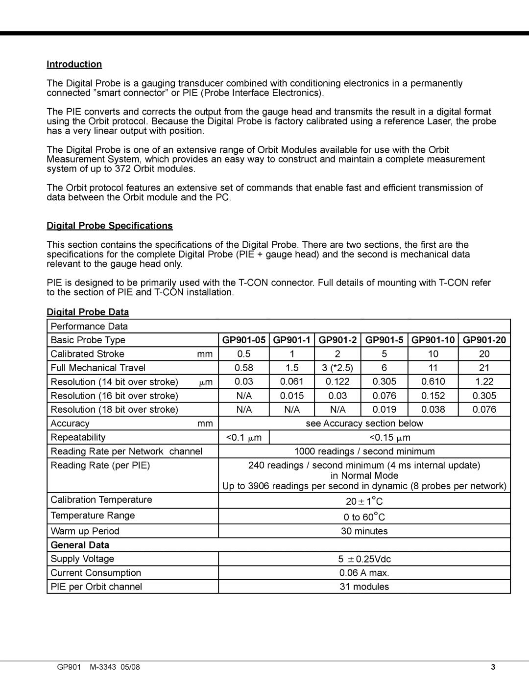 Omega Engineering Introduction, Digital Probe Specifications, Digital Probe Data, GP901-05 GP901-1, GP901-10 GP901-20 