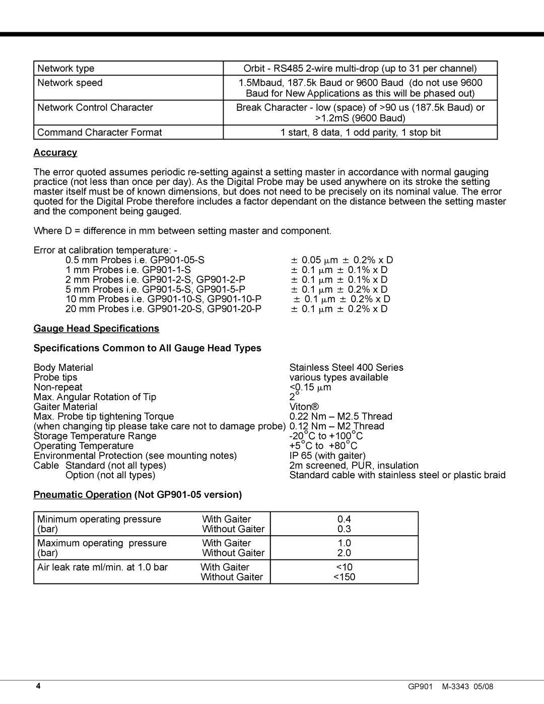 Omega Engineering manual Accuracy, Pneumatic Operation Not GP901-05 version 