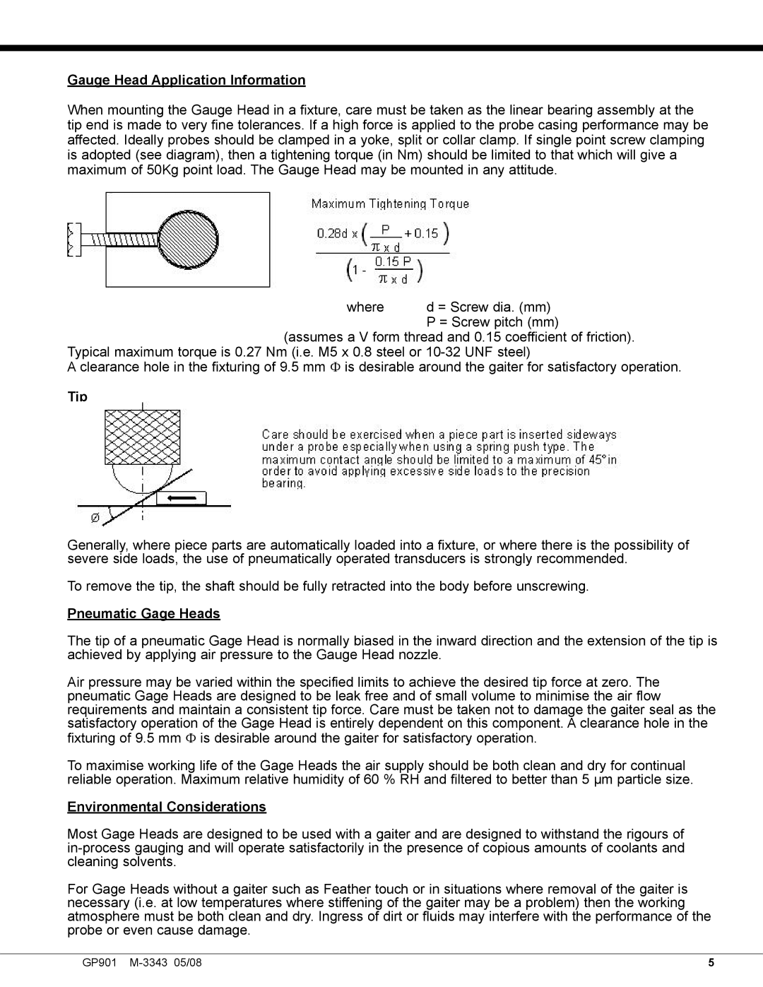 Omega Engineering GP901 manual Gauge Head Application Information, Tip, Pneumatic Gage Heads, Environmental Considerations 