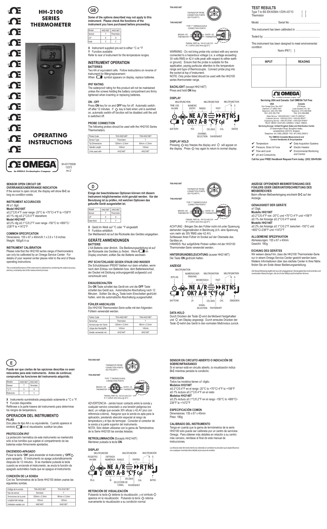 Omega Engineering HH-2100 operating instructions Batteries, IP67 Rating, On OFF, Probe Connection, Display Hold, Pilas 