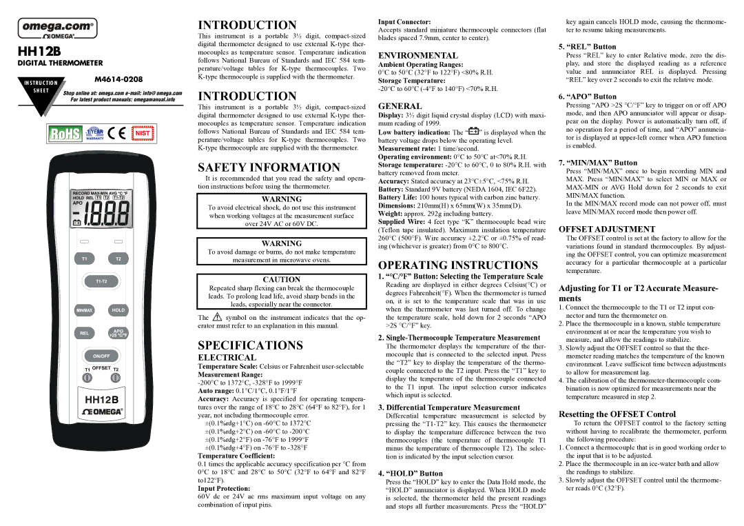 Omega Engineering HH12B manual Introduction, Safety Information, Specifications 