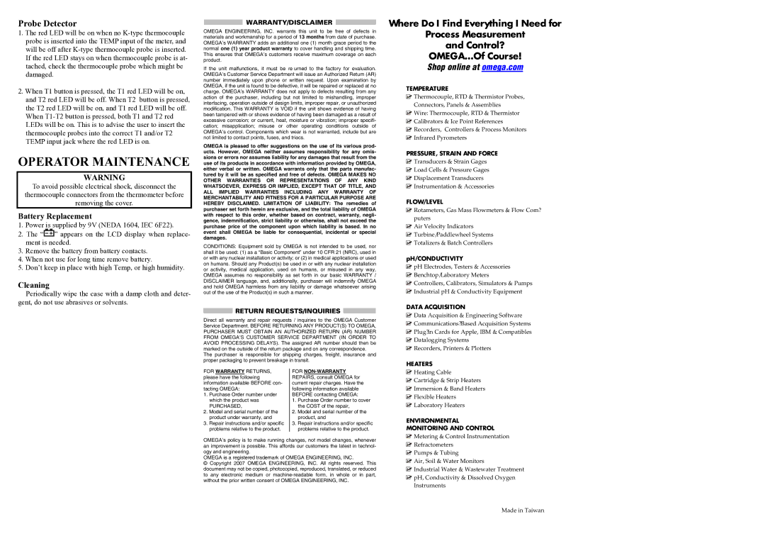 Omega Engineering HH12B manual Operator Maintenance, Battery Replacement, Cleaning 