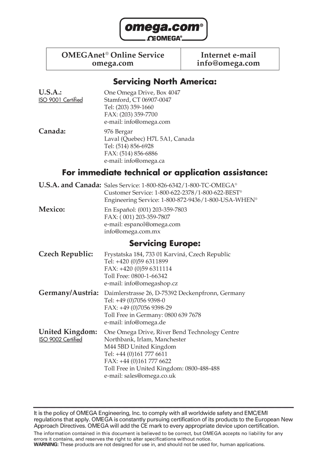 Omega Engineering HH306 manual For immediate technical or application assistance 