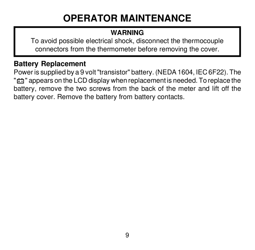 Omega Engineering HH501BR manual Operator Maintenance, Battery Replacement 