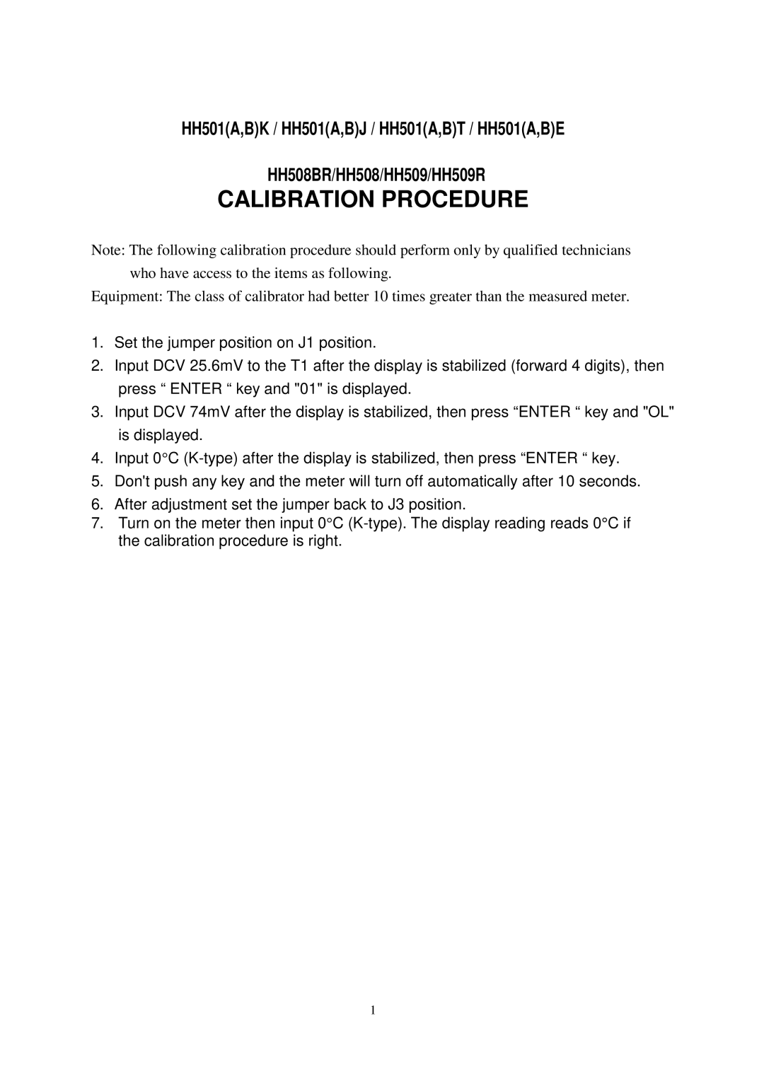 Omega Engineering HH501BR manual Calibration Procedure 