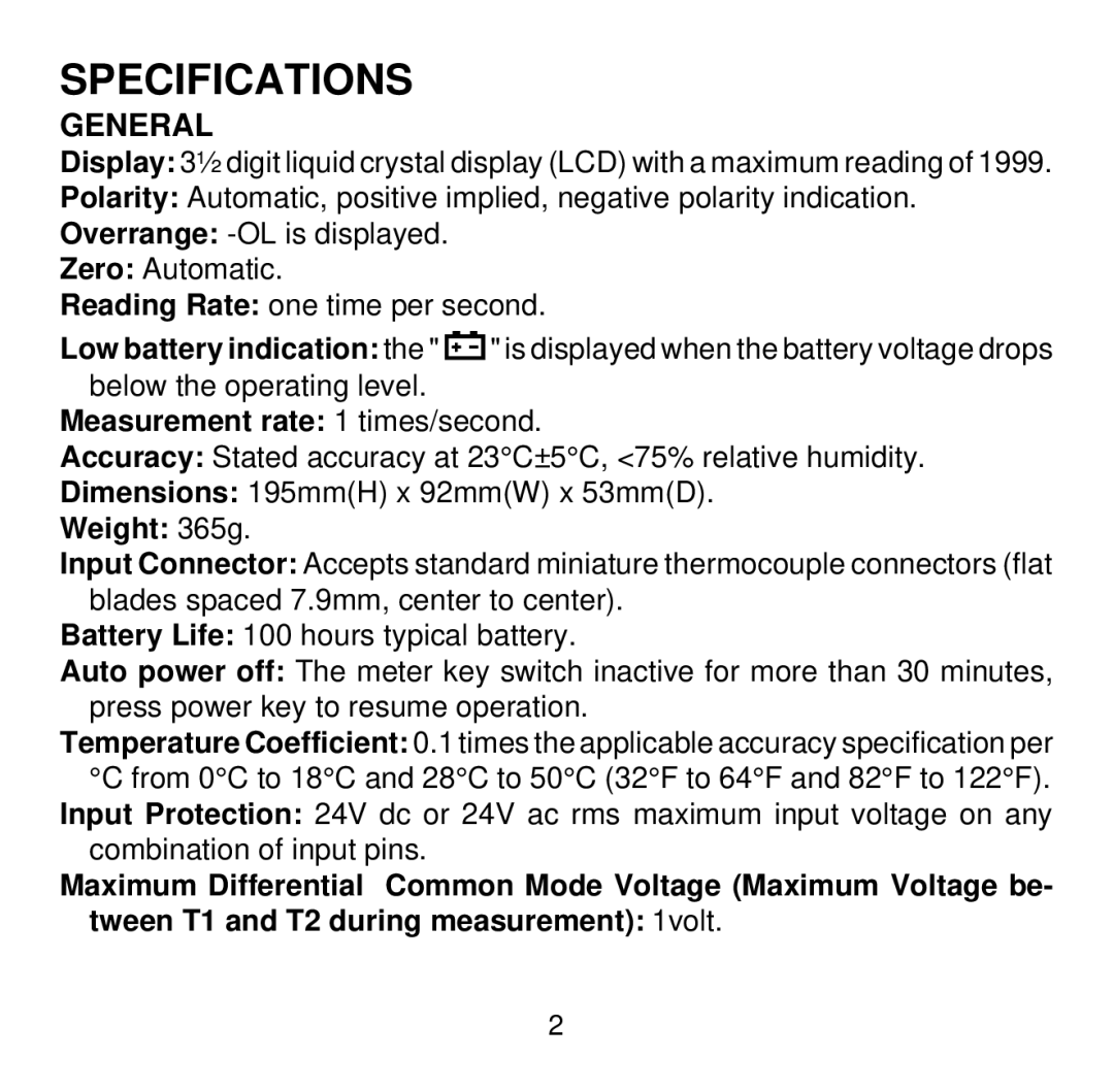 Omega Engineering HH501BR manual Specifications, General 