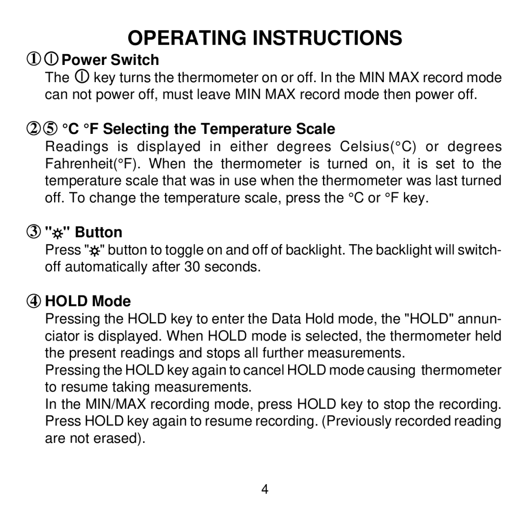 Omega Engineering HH501BR manual Operating Instructions, Power Switch, F Selecting the Temperature Scale, Button, Hold Mode 