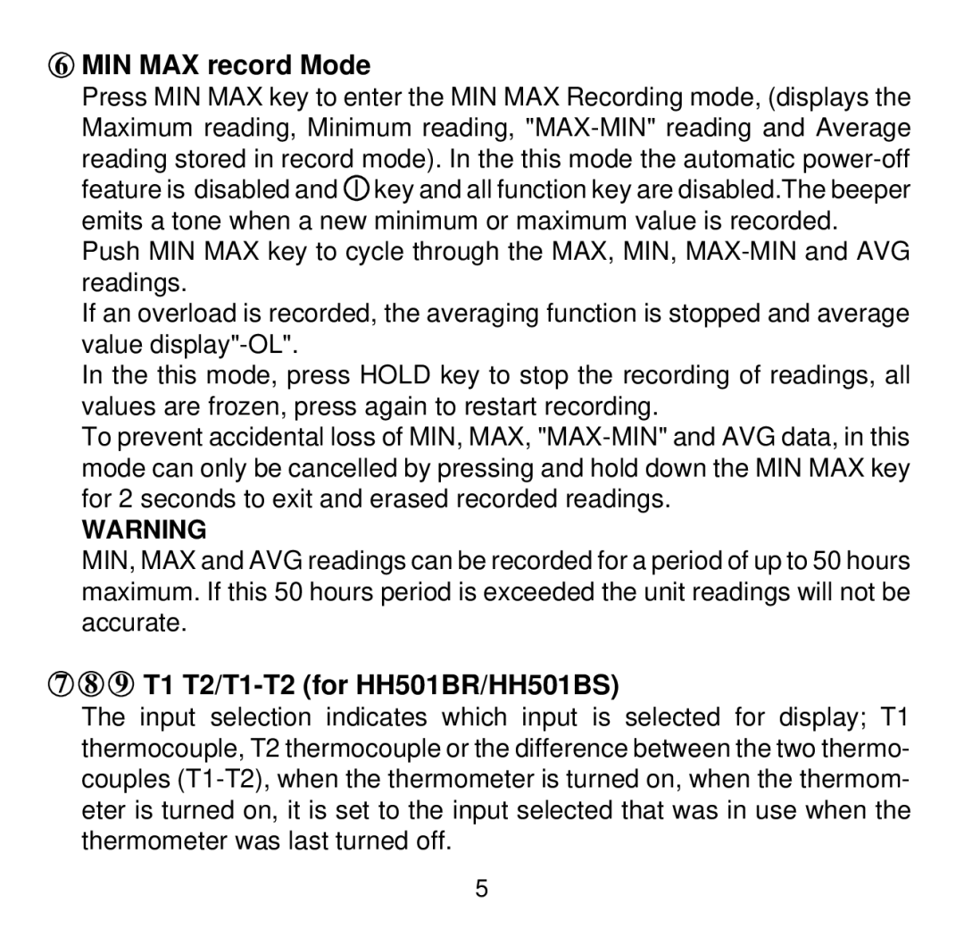 Omega Engineering manual MIN MAX record Mode, 9 T1 T2/T1-T2 for HH501BR/HH501BS 