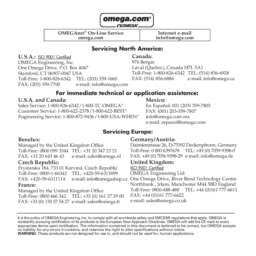 Omega Engineering HH502 manual Servicing North America 