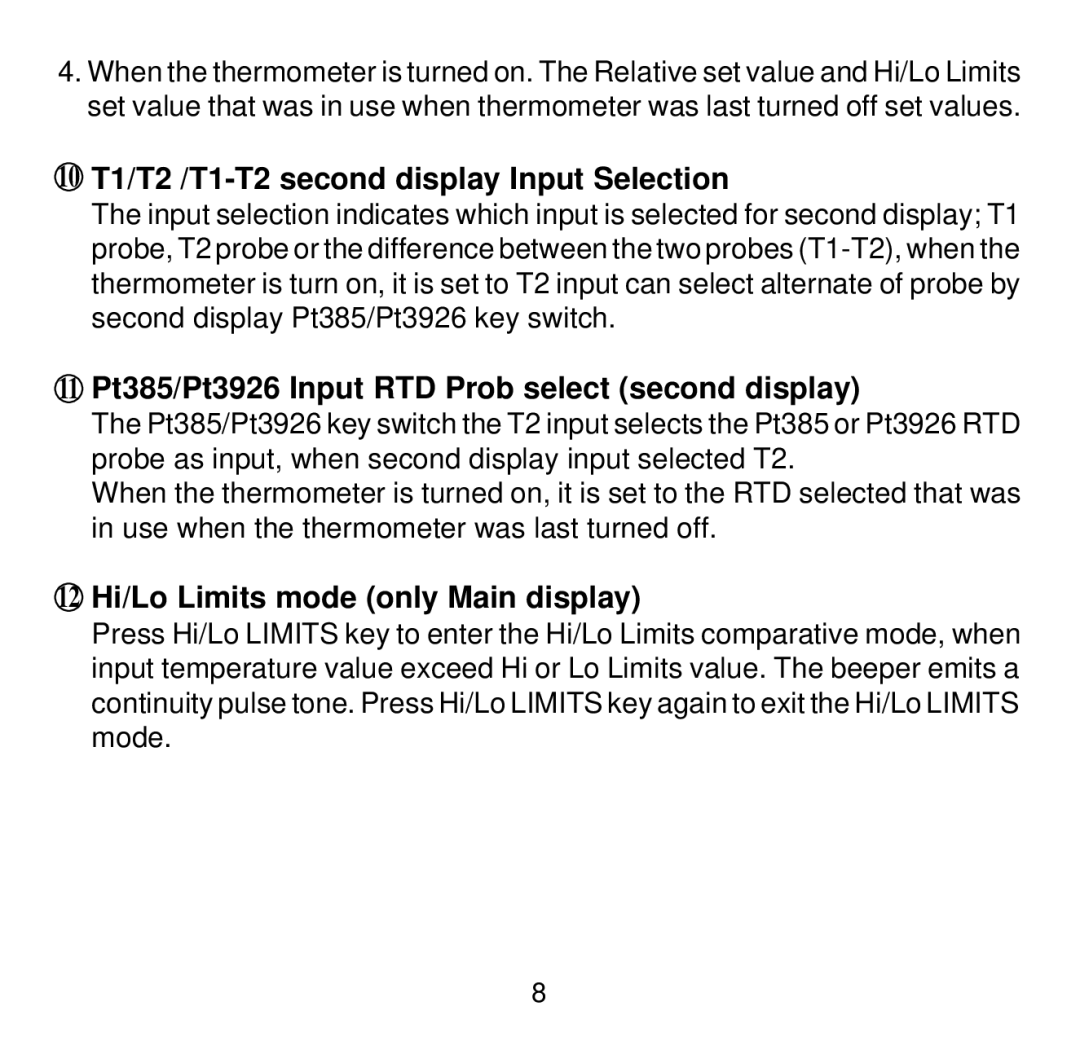 Omega Engineering HH504 manual 10 T1/T2 /T1-T2 second display Input Selection, 12 Hi/Lo Limits mode only Main display 
