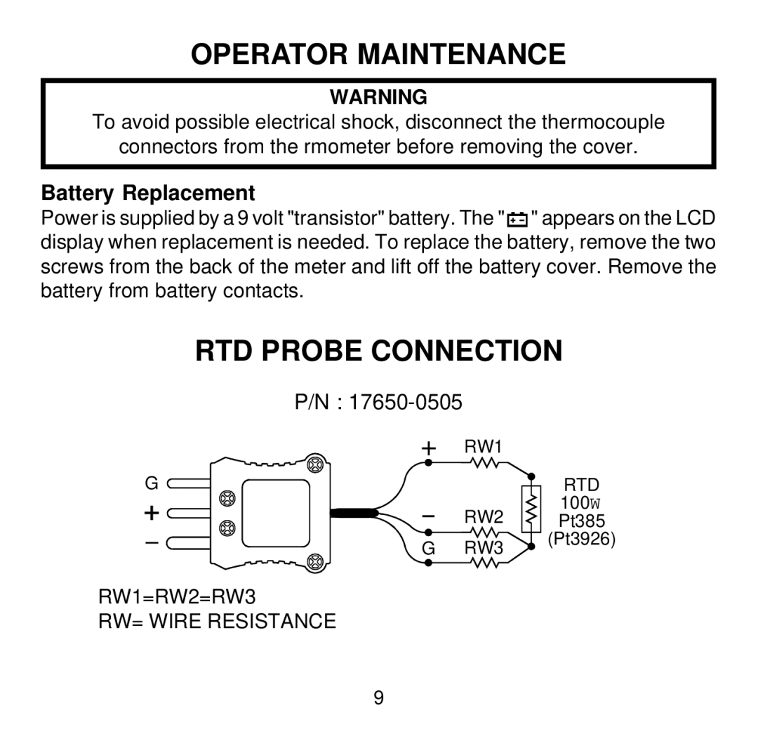 Omega Engineering HH504 manual Operator Maintenance, RTD Probe Connection, Battery Replacement 