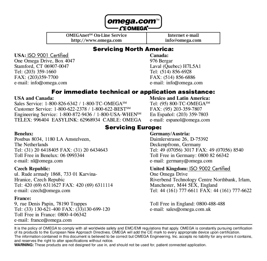 Omega Engineering HH504 manual Omega.comTM 