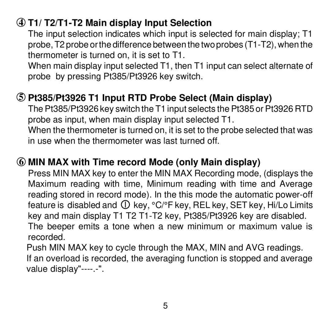 Omega Engineering HH504 T1/ T2/T1-T2 Main display Input Selection, Pt385/Pt3926 T1 Input RTD Probe Select Main display 