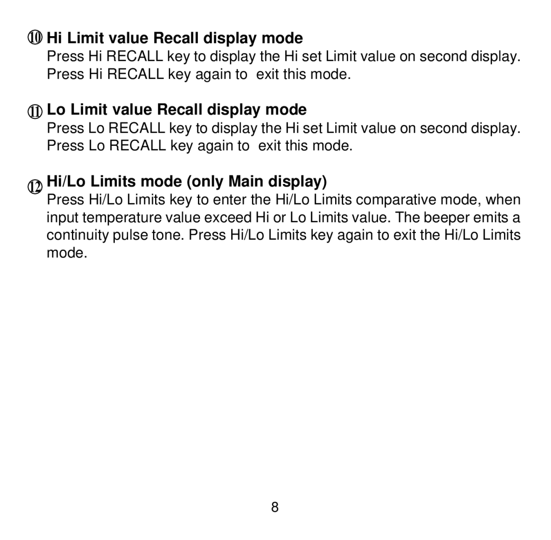 Omega Engineering HH505 manual Hi Limit value Recall display mode, Lo Limit value Recall display mode 