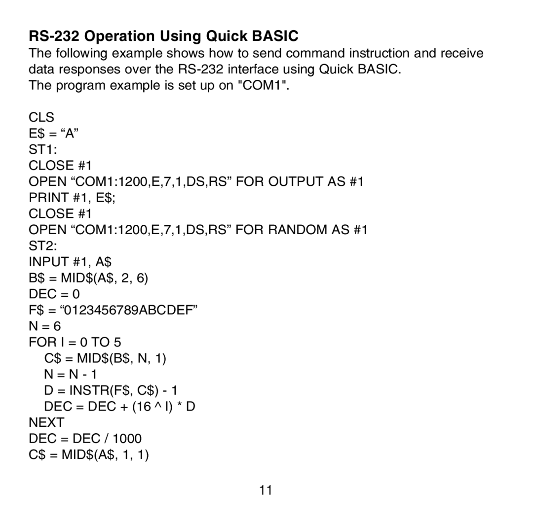 Omega Engineering HH507R manual RS-232 Operation Using Quick Basic 