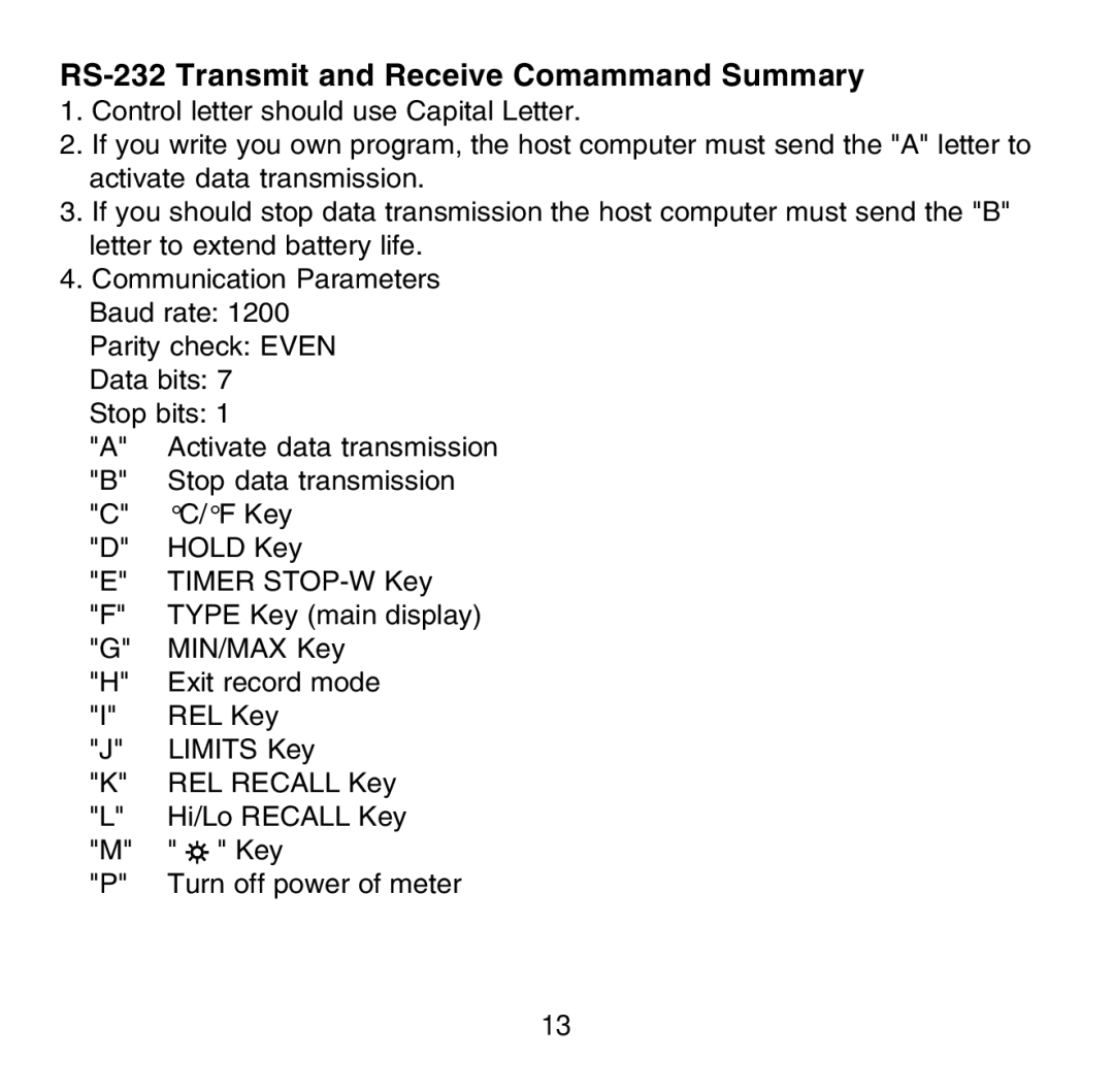 Omega Engineering HH507R manual RS-232 Transmit and Receive Comammand Summary 