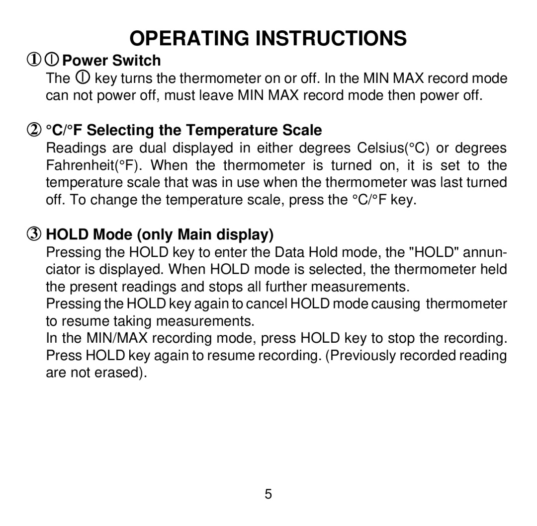 Omega Engineering HH507R manual Operating Instructions, Power Switch, F Selecting the Temperature Scale 