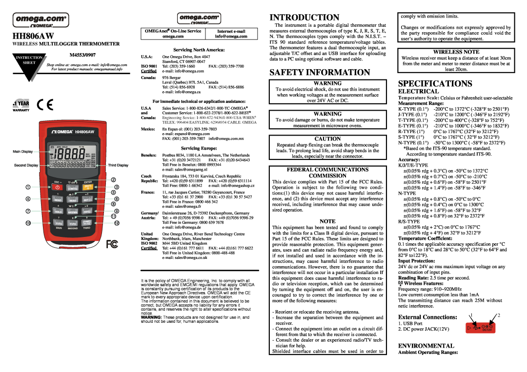Omega Engineering HH806AW specifications Electrical, External Connections, Environmental, Introduction, Safety Information 