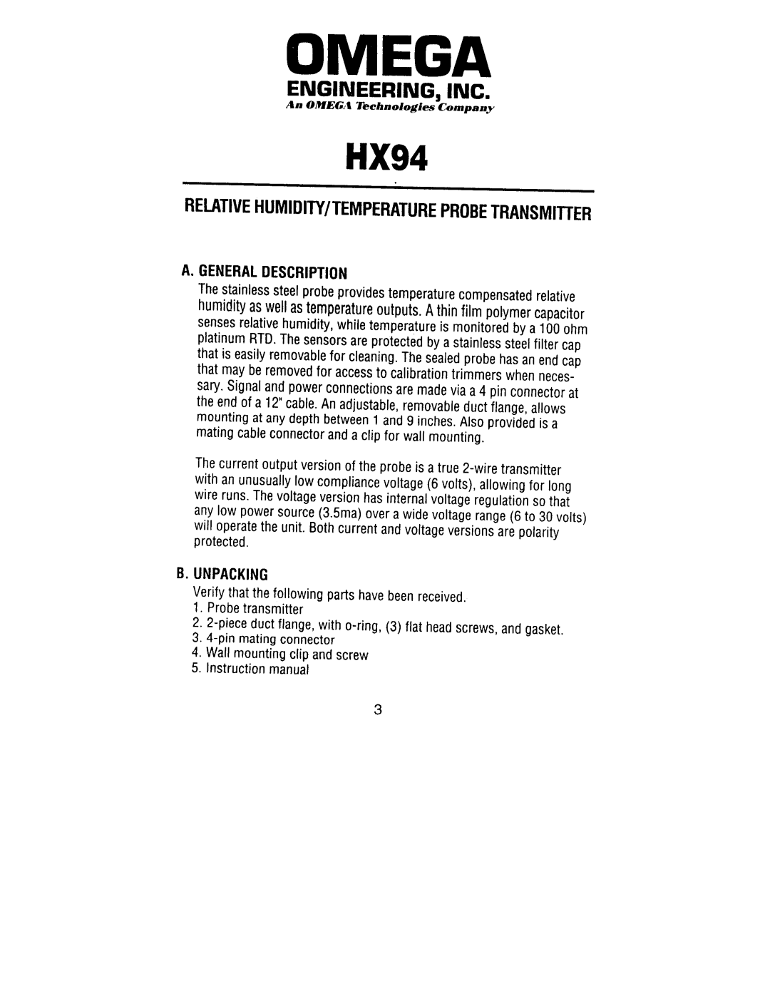 Omega Engineering HX94 manual 