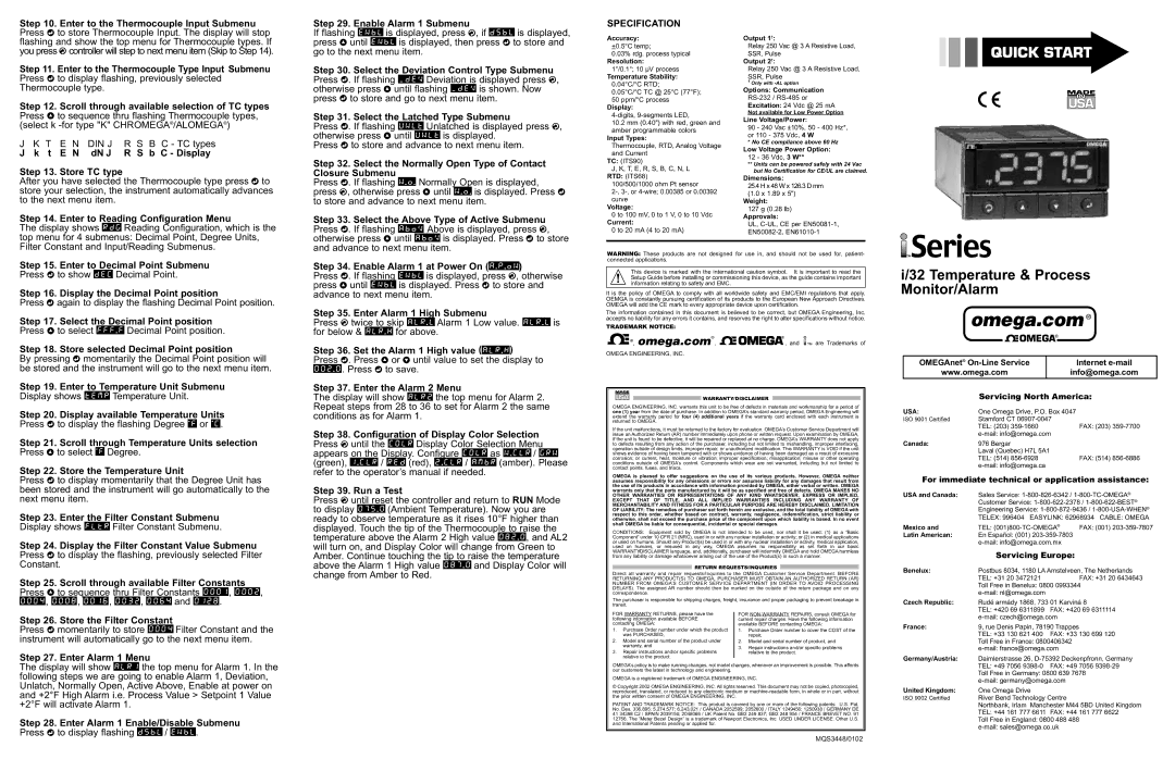 Omega Engineering I/32 warranty Specification 