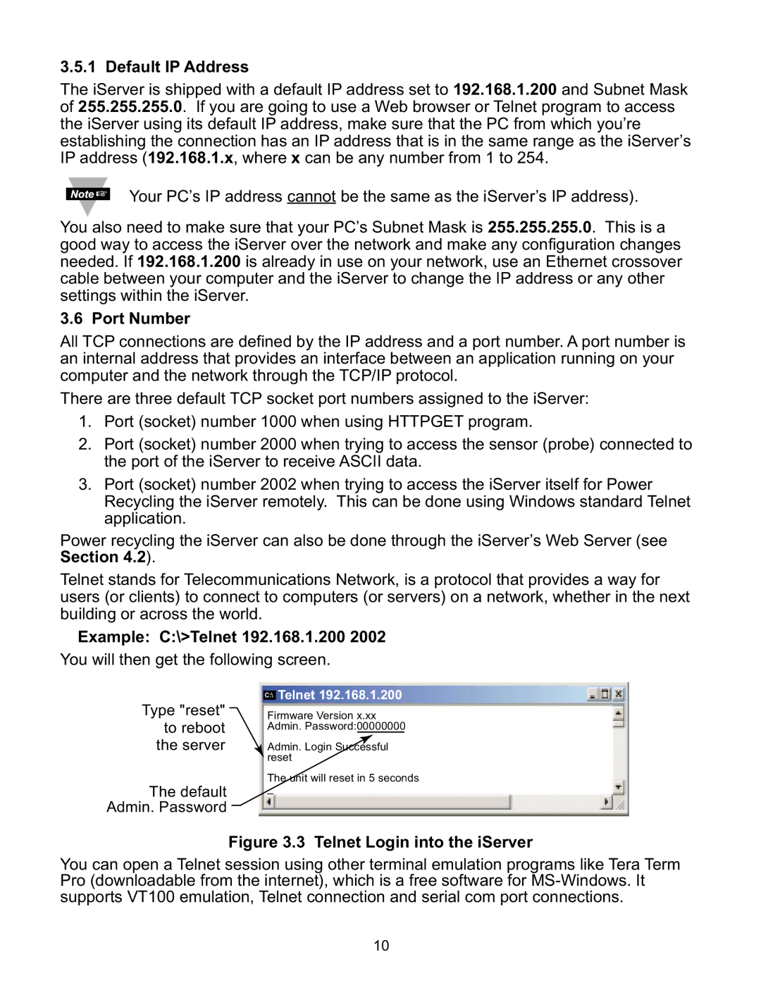 Omega Engineering i.BTX-M manual Default IP Address, Port Number, Example C\Telnet 192.168.1.200 