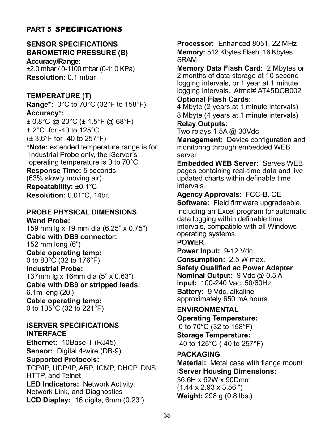 Omega Engineering i.BTX-M manual Part 5 Specifications, Temperature T, Power, Packaging 