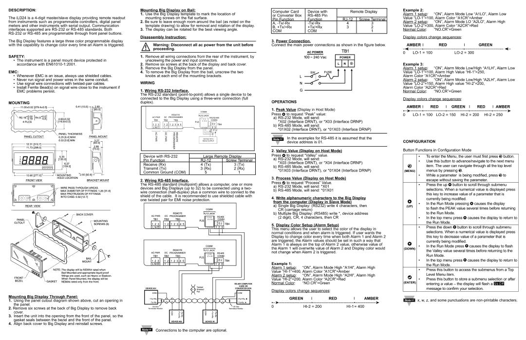 Omega Engineering ILD24-C2 Description, Safety, Emc, Mounting, Wiring, Operations, Amber RED Green, Configuration 