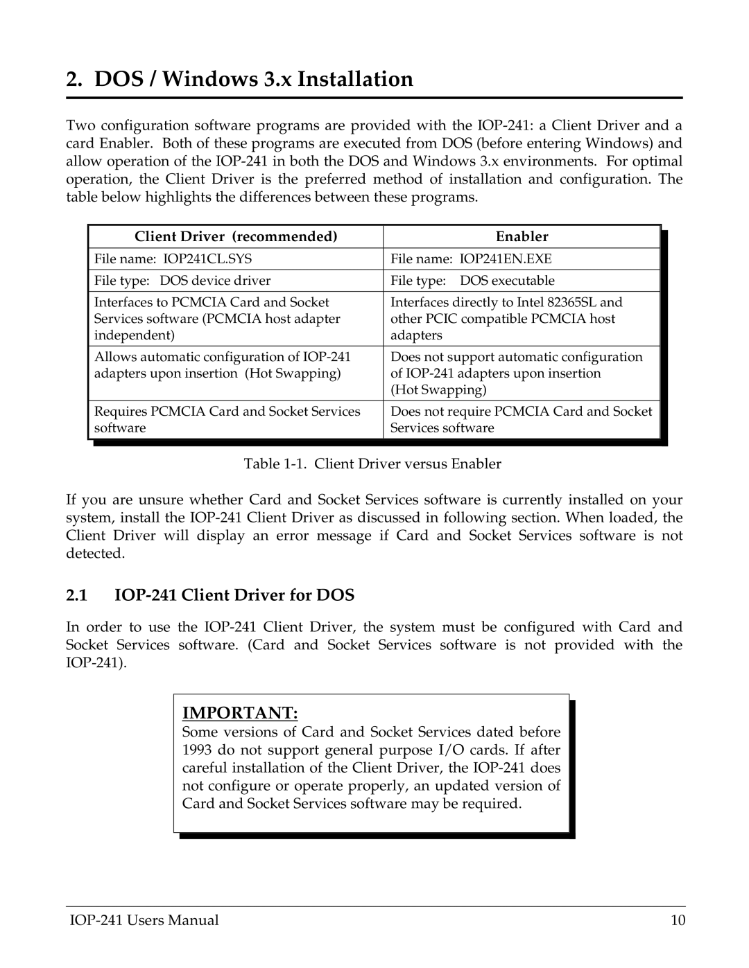 Omega Engineering user manual IOP-241 Client Driver for DOS, Client Driver recommended Enabler 