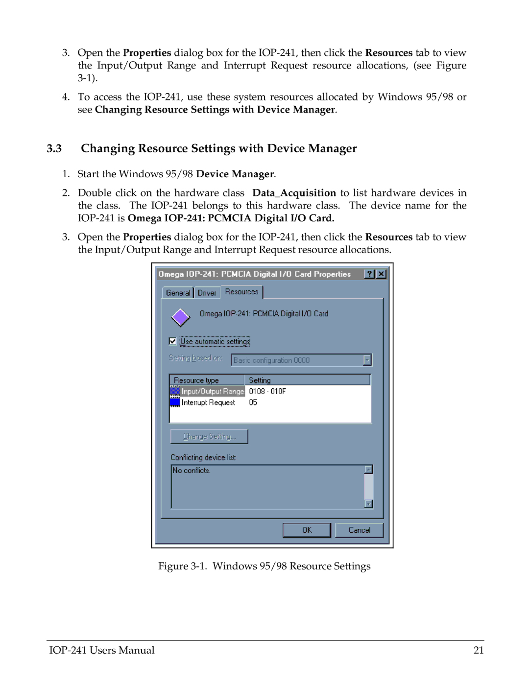 Omega Engineering IOP-241 user manual Changing Resource Settings with Device Manager, Windows 95/98 Resource Settings 