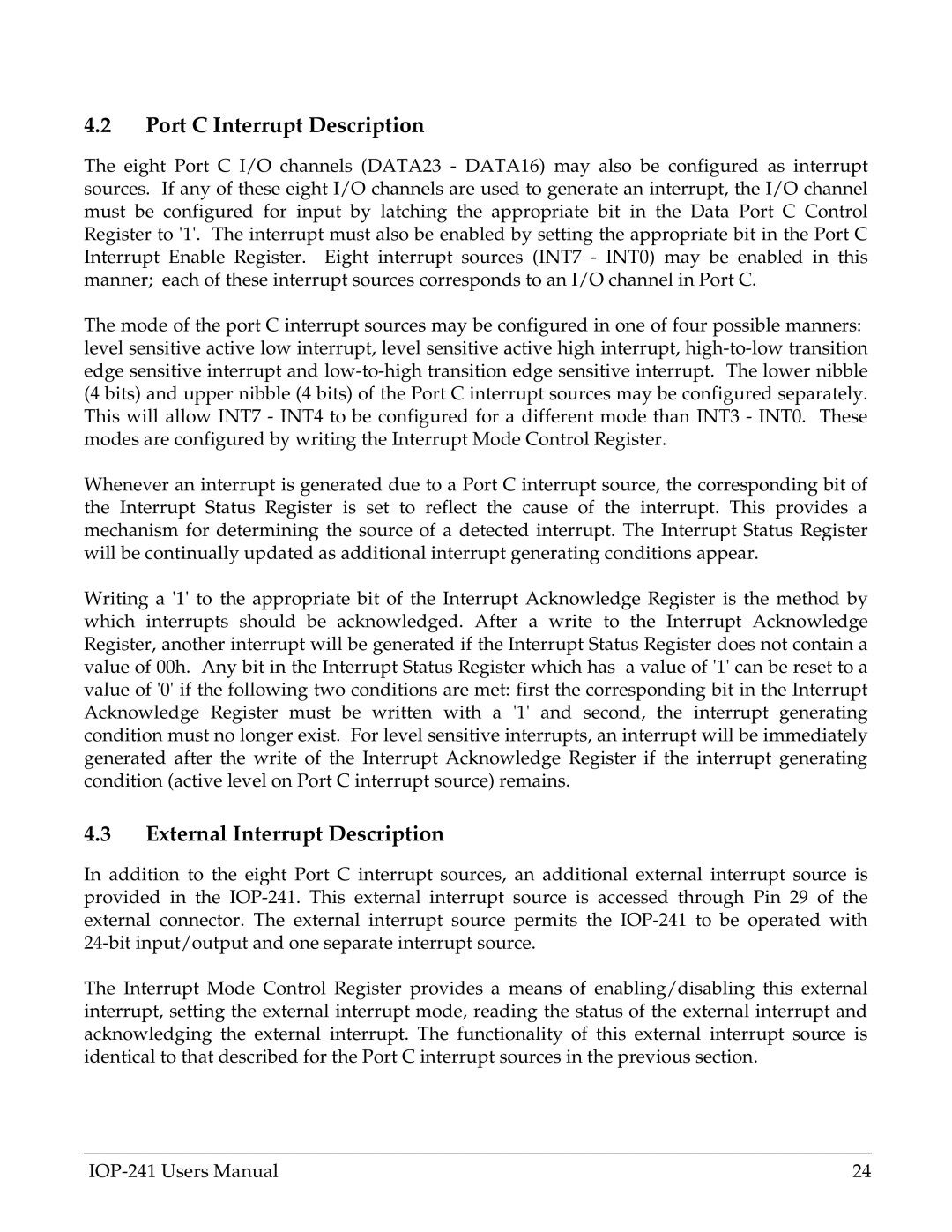 Omega Engineering IOP-241 user manual Port C Interrupt Description, External Interrupt Description 