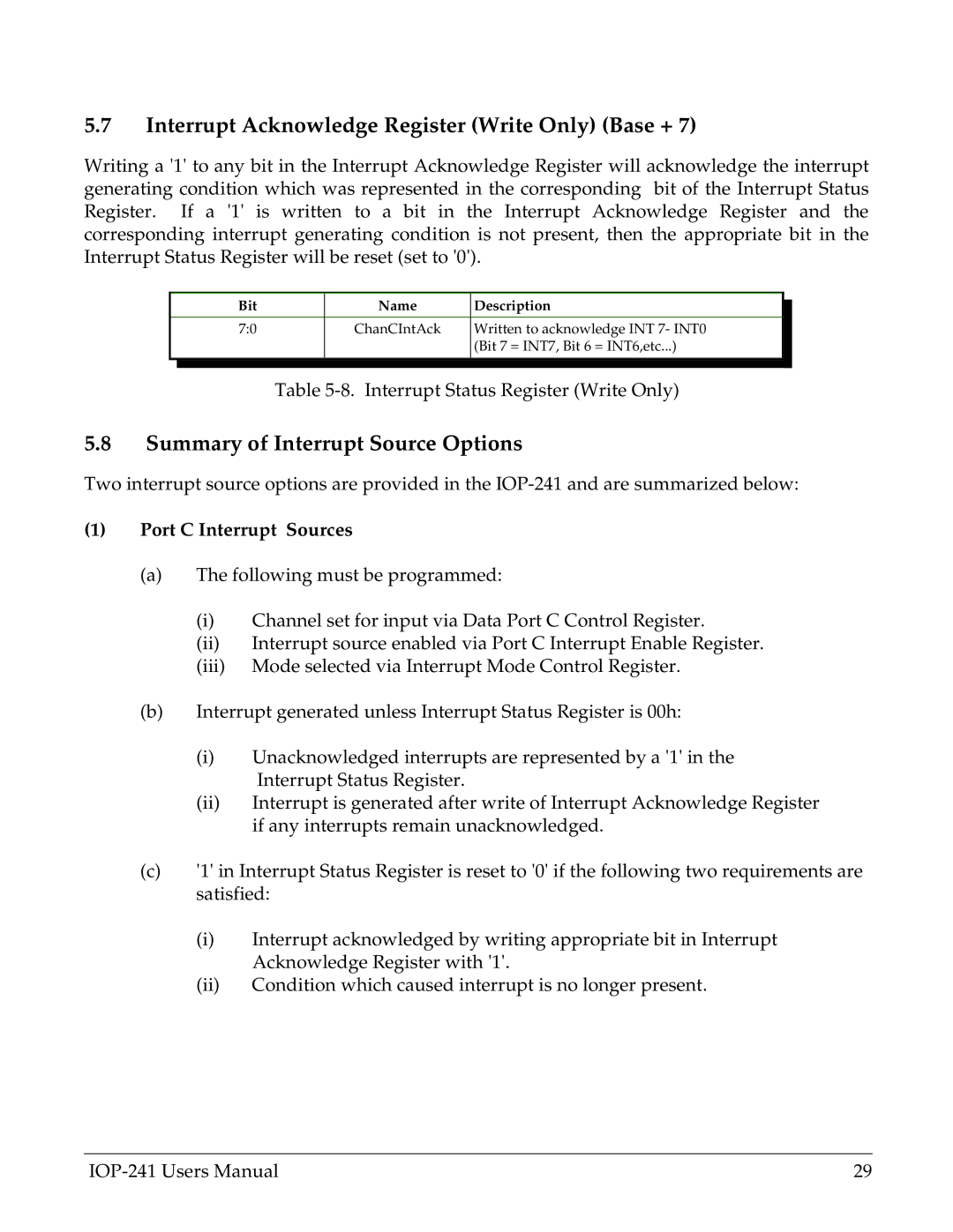 Omega Engineering IOP-241 user manual Interrupt Acknowledge Register Write Only Base +, Summary of Interrupt Source Options 