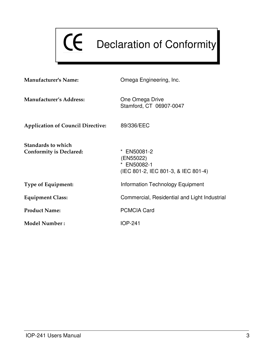 Omega Engineering IOP-241 Manufacturers Name, Manufacturer’s Address, Application of Council Directive, Type of Equipment 