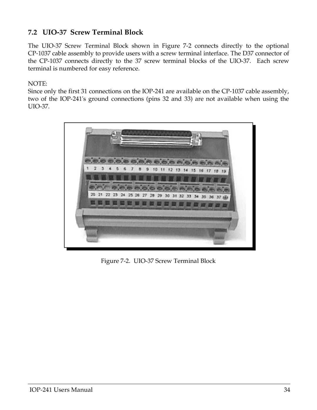 Omega Engineering IOP-241 user manual UIO-37 Screw Terminal Block 