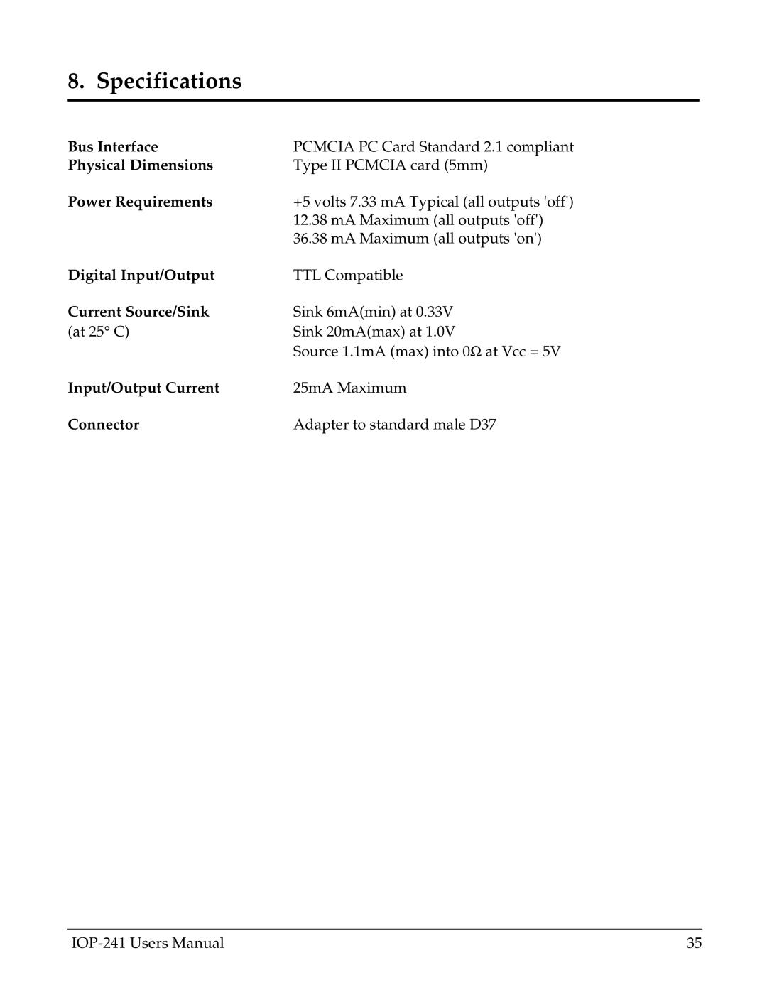 Omega Engineering IOP-241 Bus Interface, Physical Dimensions, Power Requirements, Digital Input/Output, Connector 