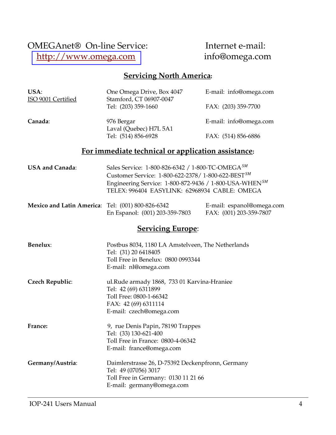 Omega Engineering IOP-241 Servicing North America, For immediate technical or application assistance, Servicing Europe 