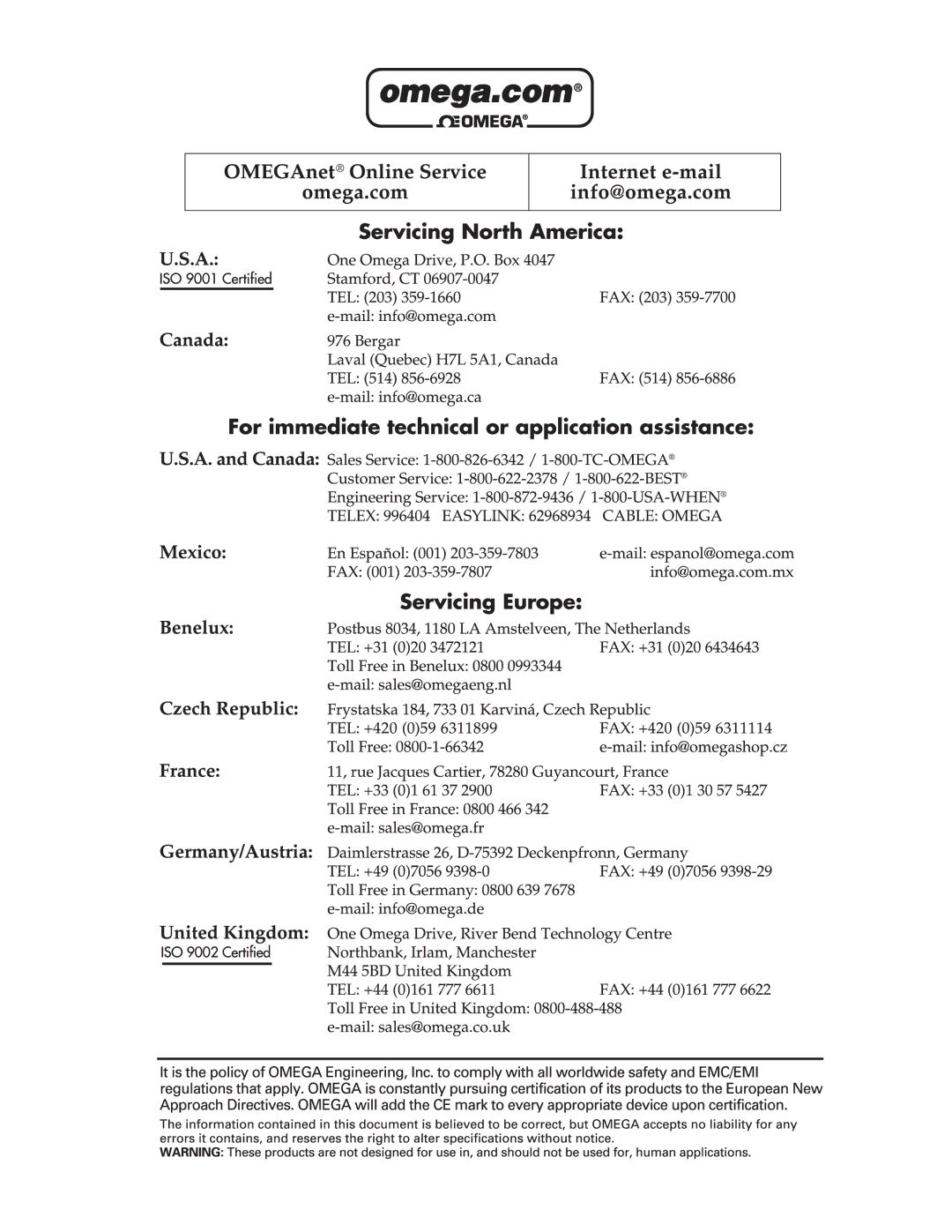 Omega Engineering ISO9001, ISD9001 warranty 