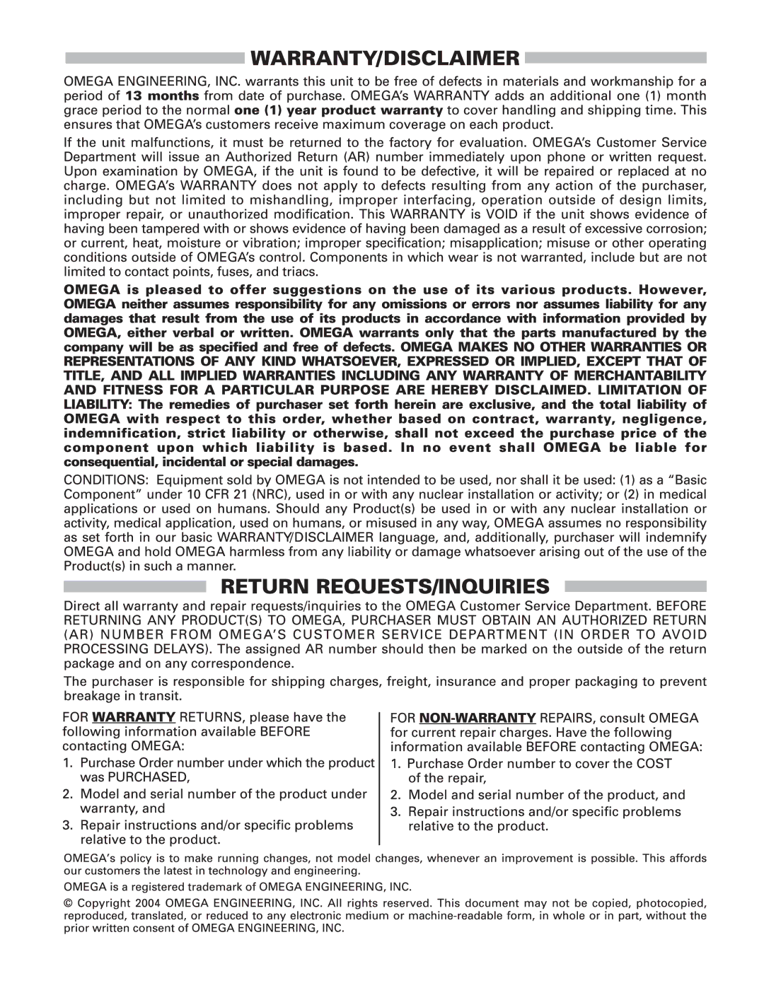 Omega Engineering ISD9001, ISO9001 warranty 