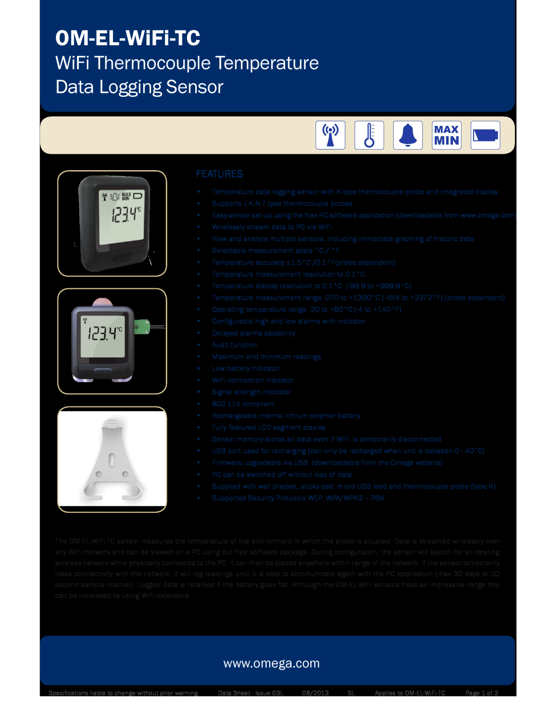 Omega Engineering ISD9001, ISO9001 warranty OM-EL-WiFi-TC, WiFi Thermocouple Temperature Data Logging Sensor, Features 