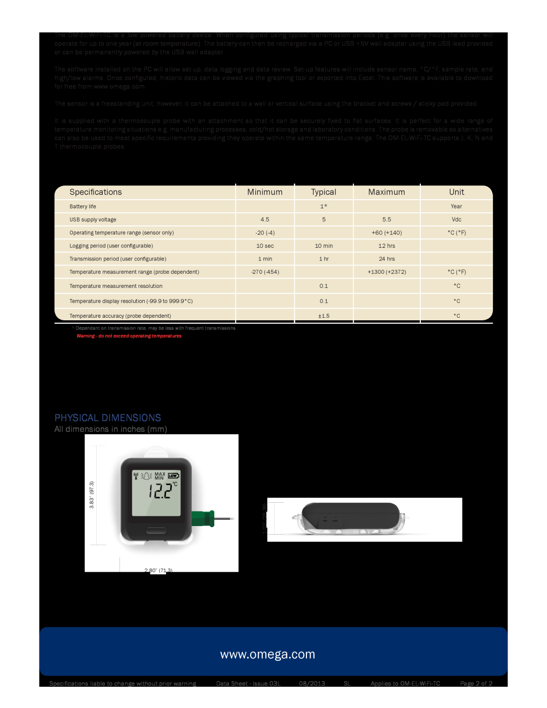 Omega Engineering ISO9001, ISD9001 warranty Physical Dimensions, Specifications, Minimum, Typical, Maximum, Unit 