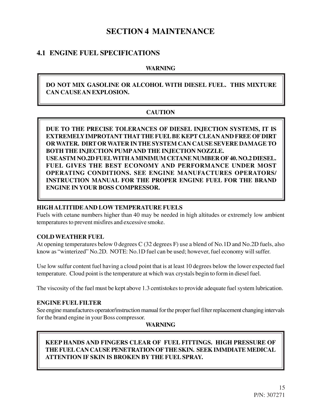 Omega Engineering JD 4045, 185-210 DUS manual Maintenance, Engine Fuel Specifications, Cold Weather Fuel, 15 P/N 