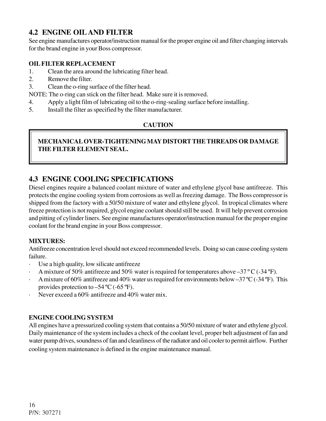 Omega Engineering 185-210 DUS manual Engine OIL and Filter, Engine Cooling Specifications, OIL Filter Replacement, Mixtures 