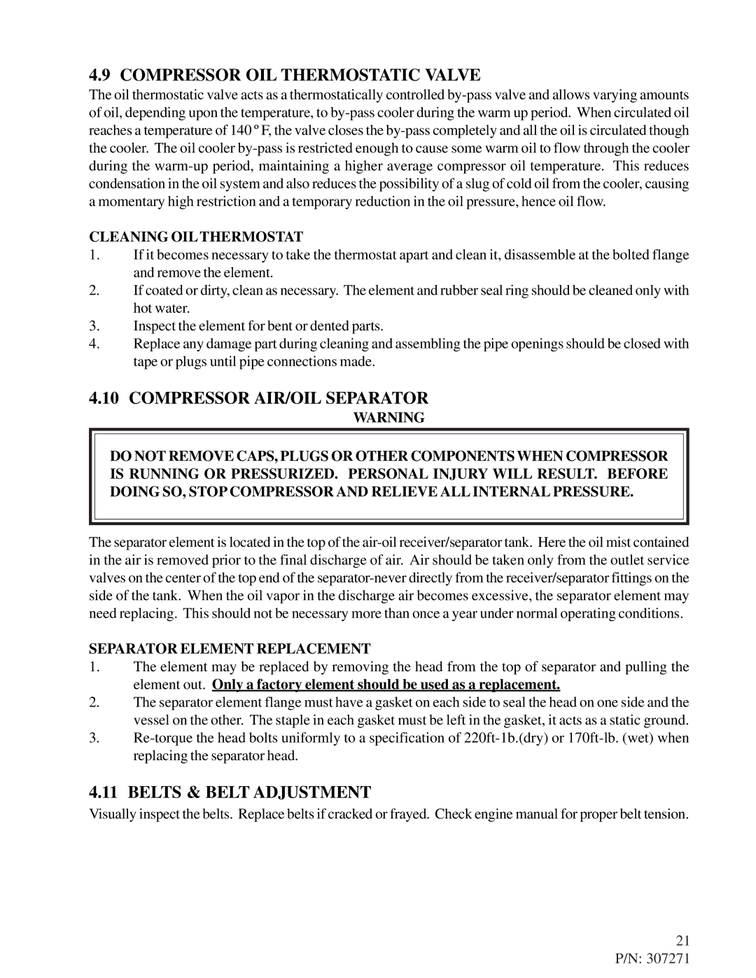 Omega Engineering JD 4045 manual Compressor OIL Thermostatic Valve, Compressor AIR/OIL Separator, Belts & Belt Adjustment 