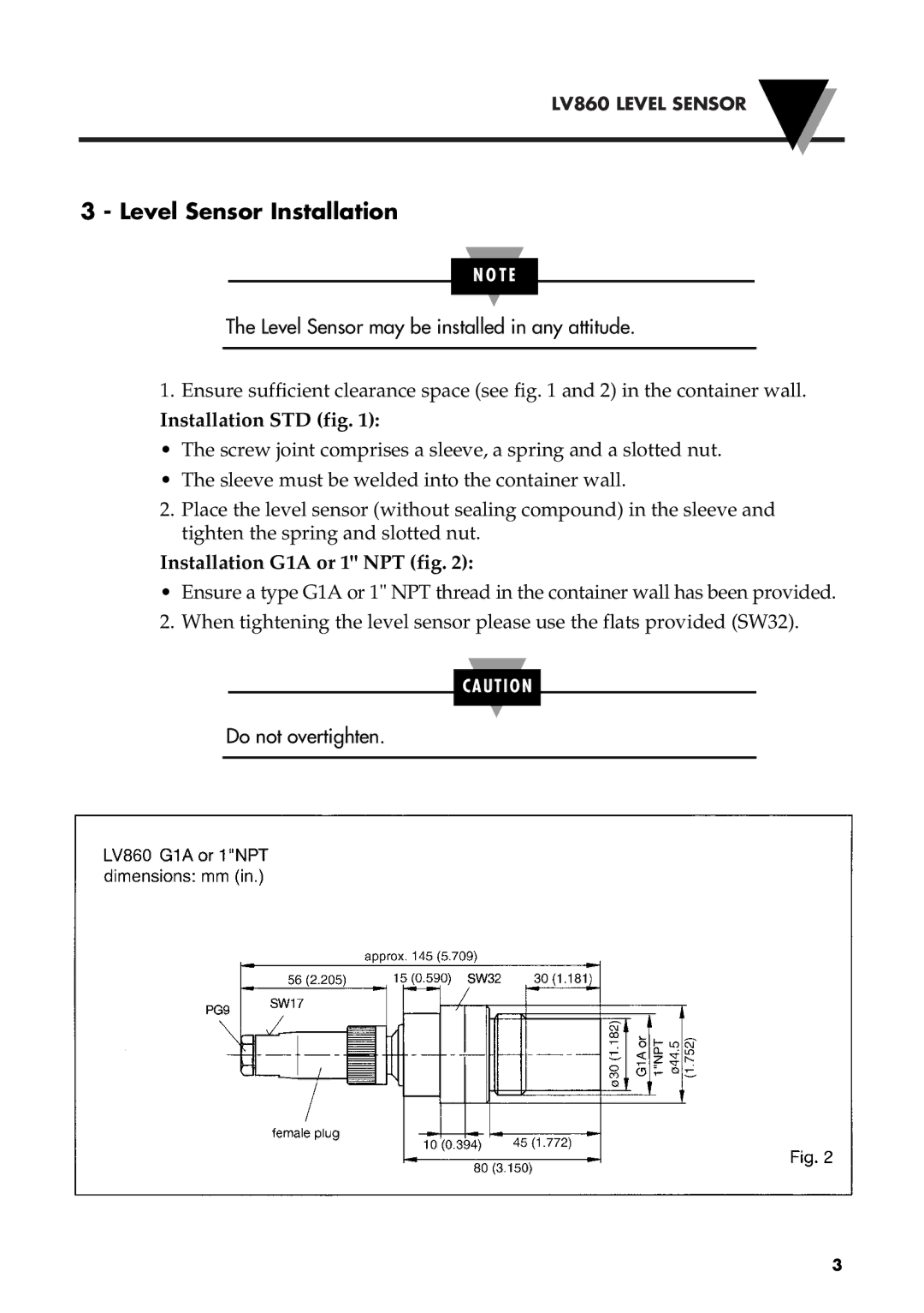 Omega Engineering LV860 manual Level Sensor Installation, Installation STD fig, Installation G1A or 1 NPT fig 