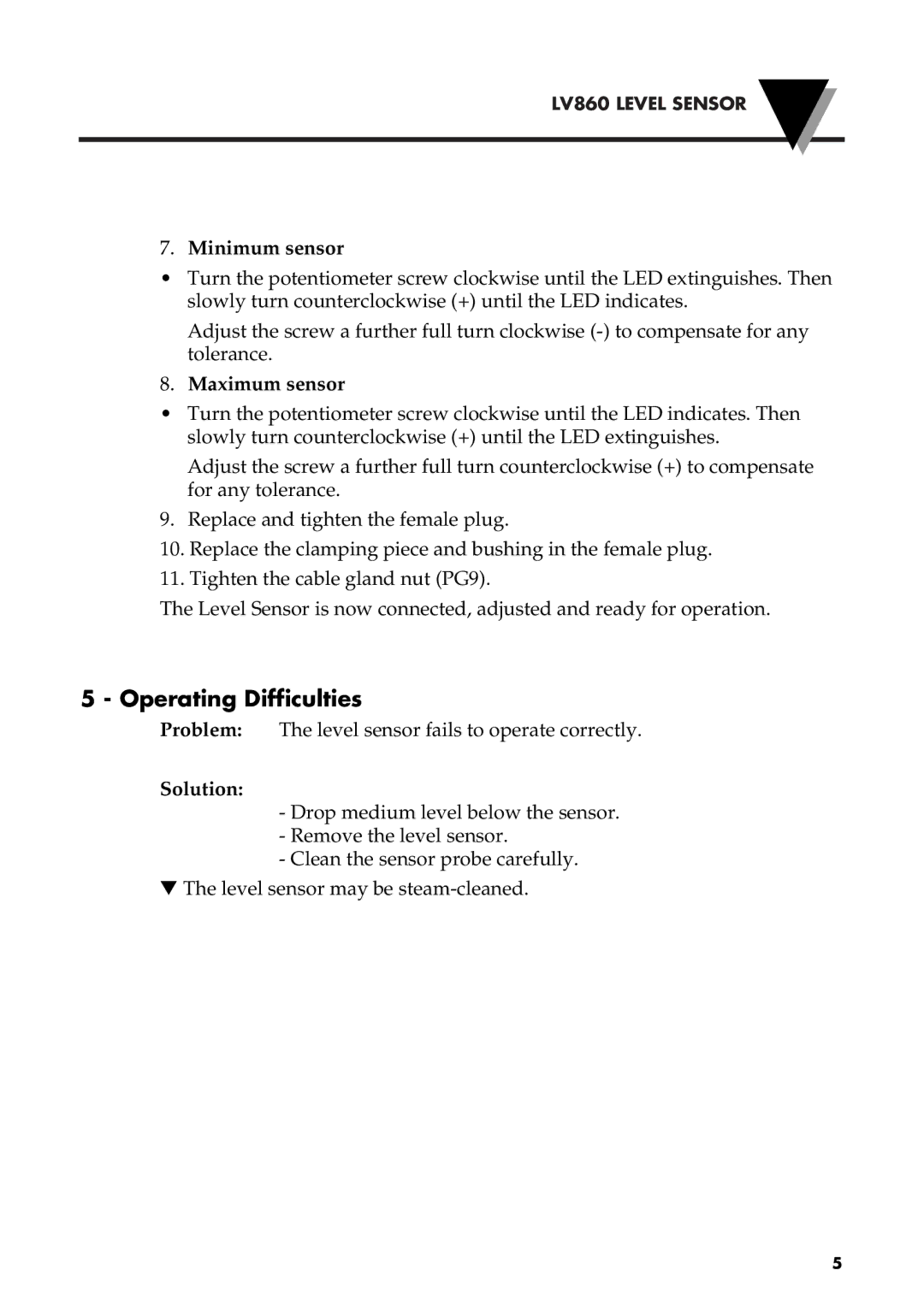 Omega Engineering LV860 manual Operating Difficulties, Minimum sensor, Maximum sensor, Solution 